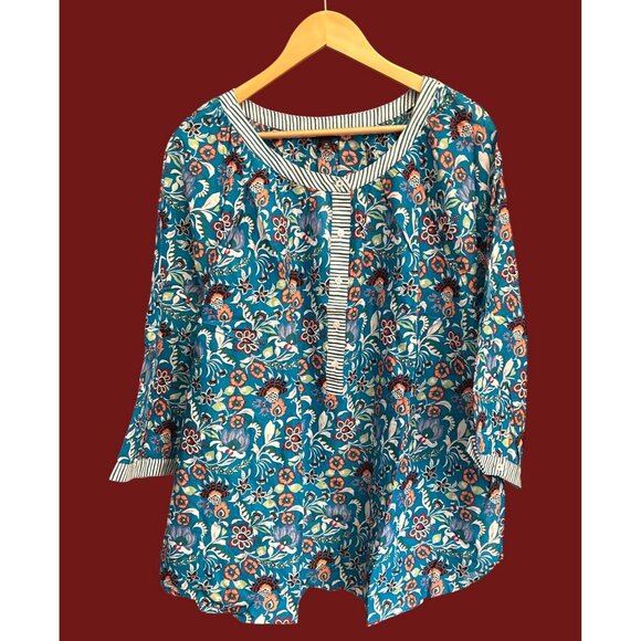 NWT Talbots Plus Size 3X Blue Bohemian Floral Tunic Blouse Lightweight Relaxed - Picture 1 of 6